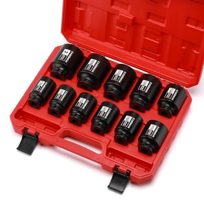 CASOMAN 11PCS 1/2-Inch Drive Large Impact Socket Set, 6 Point, 1-3/8-Inch to 2-Inch, SAE Spindle Axle Nut Impact Socket Set, CR-MO - size: 1/2" Dr. 11pcs (1-3/8" - 2")