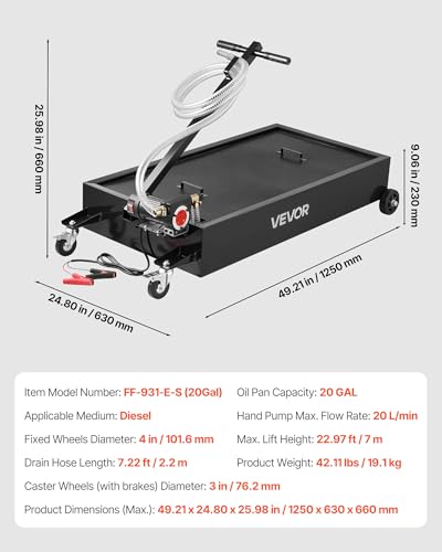 VEVOR Low Profile Oil Drain Pan, 20-Gallon Metal Oil Change Pan, Effective Oil Drain Cart with 180W Electric Pump, Wheels & Folding Handle, Oil Drain Tank for Cars, SUVs, Trucks, Buses, RVs