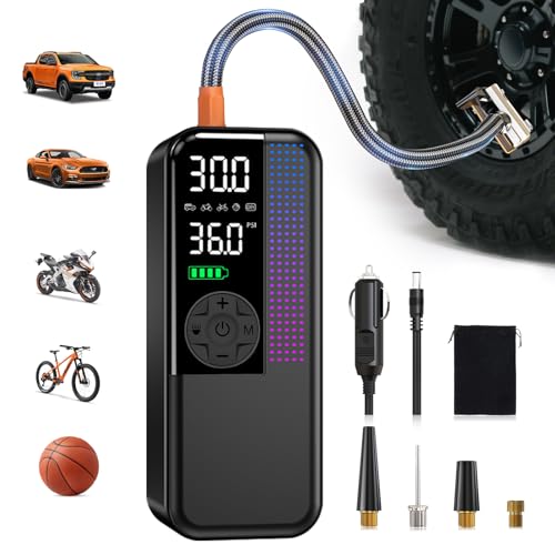 Tire Inflator Portable Air Compressor, 150 PSI Cordless Air Pump, Dual Power 6000mAh, 12V DC Car Plug, Fast Inflation 24L/Min, Auto Shut-Off, LED Light, 4 Preset Modes for Car, Bike, Motorcycle, Balls - color: Black, size: 6000mAh