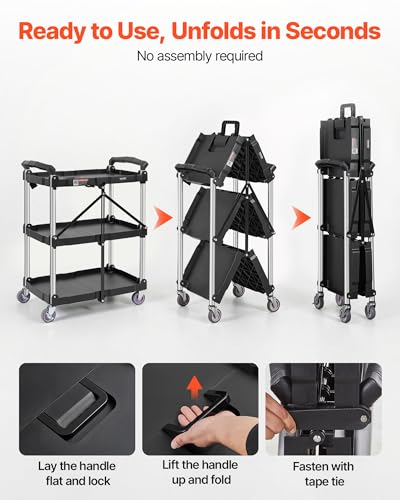 VEVOR Foldable Utility Service Cart, 165LBS 3 Shelf Heavy Duty Plastic Rolling Cart with 360° Swivel Wheels (2 with Brakes), Ergonomic Handle, Portable Garage Tool Cart for Warehouse Office Home - size: 25.62 x15.43 x32.76 inch
