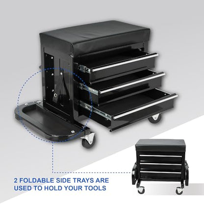 3-Drawer Tool Chest Rolling Mechanic Seat Heavy Duty Rolling Workshop Stool with Tool Trays 350 lbs Capacity Black Garage Creeper Seat for Auto Repair