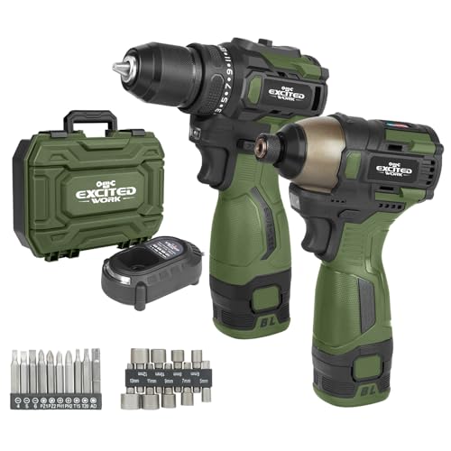 17V Brushless Screwdriver Drill Set, 140Nm Cordless Impact Driver & 55Nm Electric Drill with 3 Adjustable Speed, 2 Batteries and Led Work Light - color: Green, size: 17V Brushless Screwdriver Drill Set