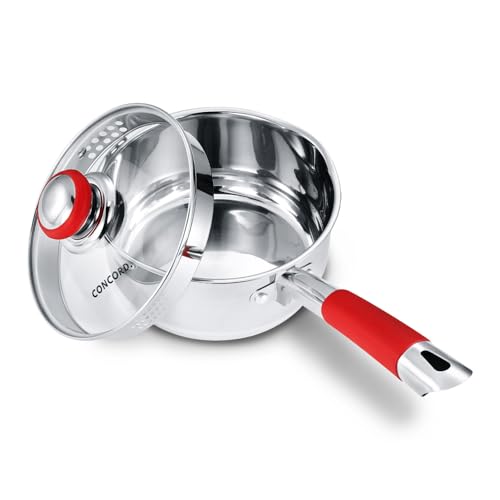 Concord 2 Quart Stainless Steel Saucepan with SIMPLE POUR Vented Glass Lid. Features Dual Pouring Spouts and Volume Marking. Perfect for making Sauces, Jam, Ramen, and more - size: 2 QT