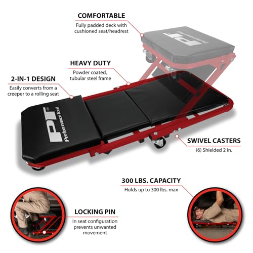 Performance Tool W85034 36-Inch Z-Frame Folding Automotive Creeper, All-in-One Adjustable Roller Garage Seat, Lay Down or Sit, 300 lbs. Capacity, Under Car Creeper, Padded with 6 Swivel Casters