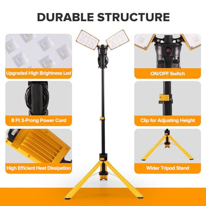 LUTEC 【Upgraded 5000K 15000 Lumen 105 Watt Dual-Head LED Work Light with Telescoping Tripod, Work Light with Stand Rotating Waterproof Lamps and 8 Ft 3-Prong Power Cord - size: Pro-15000LM