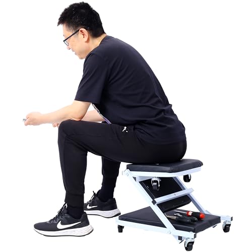 36in 2 in 1 Mechanic Creeper - Z Shape Creeper Seat Foldable Creepers Automotive with 6 Wheels | 300Lbs Capacity Garage Chair | Low Profile Creeper Lay Down or Sit for Garage Shop Auto Repair White