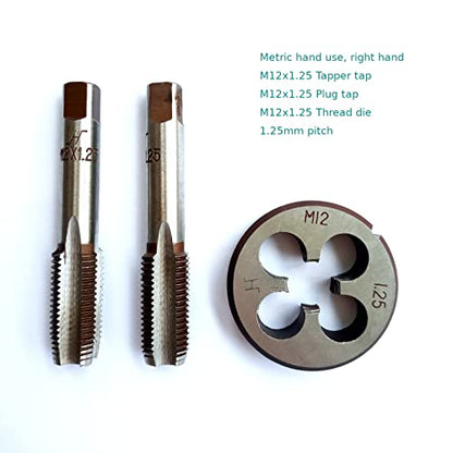 AtticZone M12 x 1.25 Metric Hand Thread Tap and Die Set, Right Hand 12 * 1.25, Alloy Tool Steel, 1 Taper Tap, 1 Plug Tap, 1 Round Die for Metal Working DIY Industrial - size: M12x1.25