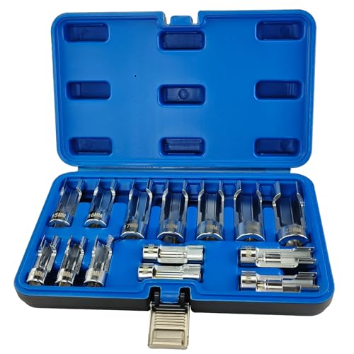 14-Piece Metric Flare Nut Wrench Set, 3/8" & 1/2" Drive Fuel Line Socket Set for Diesel Injector, Automotive Brake Line Tools (8mm-22mm)