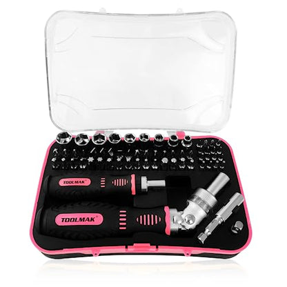TOOLMAK Ratcheting Screwdriver Set, 61pcs Socket & Precision Bit Set | Cr-V Steel, Rotatable Ratchet Handle & Storage Case, Ideal for Bikes, Electronics, Watches & Glasses - style: 61pcs Pink Ratchet Screwdriver