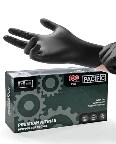PACIFIC PPE 6-mil Heavy Duty Black Nitrile Gloves, Chemical Resistant, Food Safe, Latex Free Disposable Gloves for Mechanic, Cooking, and Cleaning, 100PCs, XL - size: X-Large(Pack of 100)