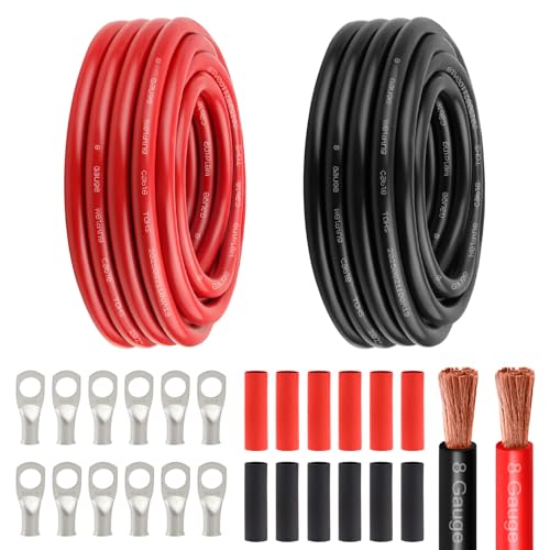 8 Awg Battery Power Cable -20FT Red + 20FT Black 8 Gauge Flexible Welding Cable OFC Copper Wire with Lugs Terminal Connectors and Heat Shrink Tube for Automotive, Battery, Inverter,Boat and Generator - color: Red+black-20ft, size: 8AWG