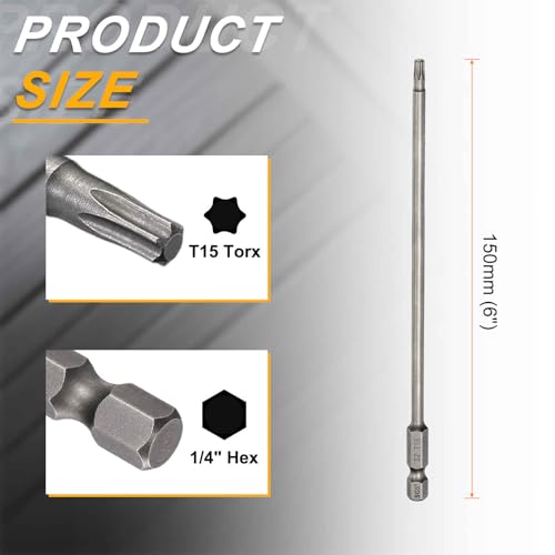HARFINGTON 10pcs T15 Torx Head Screwdriver Bit 1/4" Hex Shank 6" (150mm) Long Magnetic No Hole Tip Tamper Proof 6 Point Star Screw Driver Drill Bits S2 Steel Industrial Power Screwdrivers - size: T15 x 6"