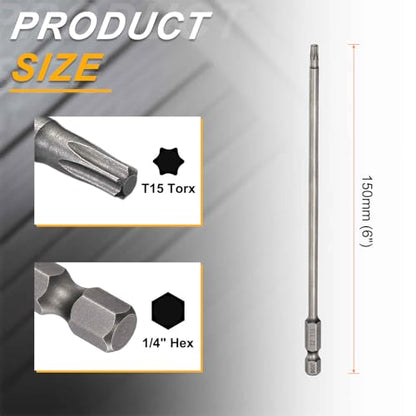 HARFINGTON 10pcs T15 Torx Head Screwdriver Bit 1/4" Hex Shank 6" (150mm) Long Magnetic No Hole Tip Tamper Proof 6 Point Star Screw Driver Drill Bits S2 Steel Industrial Power Screwdrivers - size: T15 x 6"
