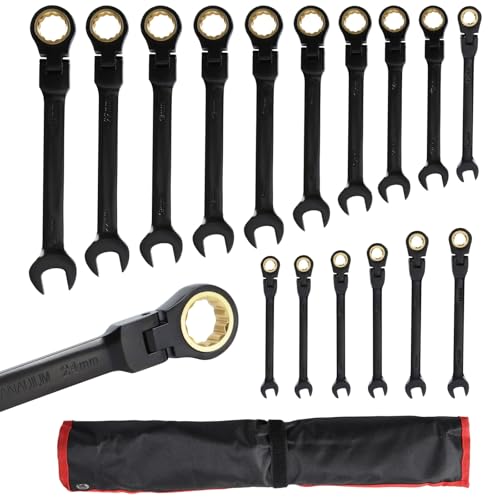 Flex-Head Ratcheting Combination Wrench Set, 16-Piece Metric Wrench Set 6-24mm | 72-Teeth | Cr-V Constructed | Fully Polished (Black) | with Organization Bag