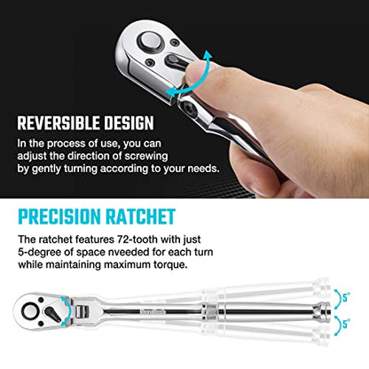 DURATECH 3/8" Drive Flex-Head Ratchet | 72-Tooth Ratchet Wrench, Quick-release, Reversible Switch, Full-Polished Chrome Plating, Alloy Steel - size: 3/8" Drive