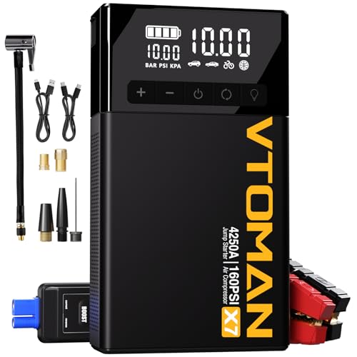 VTOMAN X7 4250A Jump Starter with 160PSI Air Compressor, 12V Lithium Jump Box, Auto-Shutoff Tire Inflator & QC 3.0 Charger, Portable Battery Booster for Up to 10L Gas/Diesel Pickup, Truck, SUV - color: Black