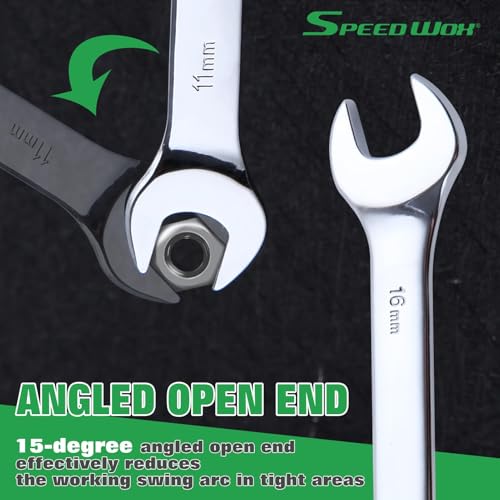 SPEEDWOX 14-Piece Essential Metric Combination Wrench Set Metric 8mm to 24mm 12 Point Combination Wrench Sets in Roll-up Pouch for General Household Garage Chrome Vanadium Steel Mirror Chrome Finish