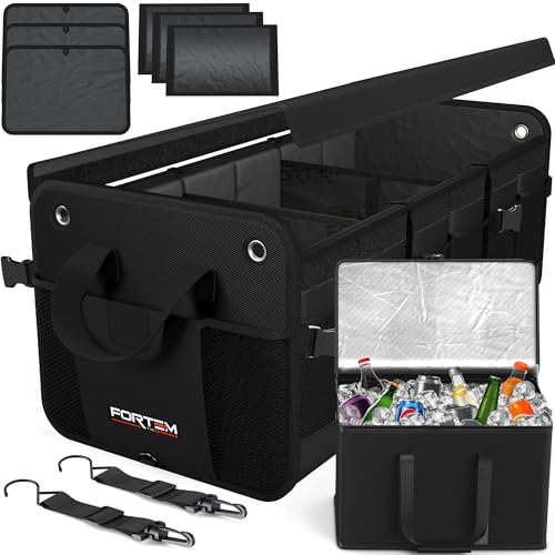 FORTEM Trunk Organizer with Cooler For SUV Car Organizer and Storage, Collapsible Multi-Compartment, Perfect Christmas Gifts For Men, Women, 1680D Oxford, Non Slip Bottom, Straps, Soft Cover 110L - color: Black, size: Double Extra Large (110L)