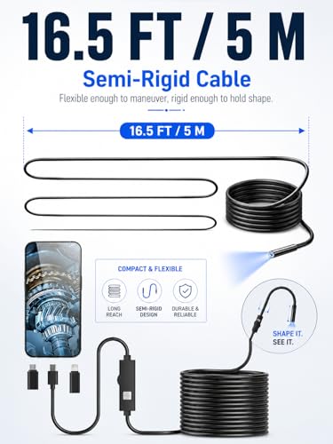 Endoscope Camera with Light,1920P HD Borescope with 8 Adjustable LED Lights, IP67 Waterproof 16.5FT Semi-Rigid Snake Camera, Snake Cord Inspection Camera for iPhone, iPad and Android Phone-5M