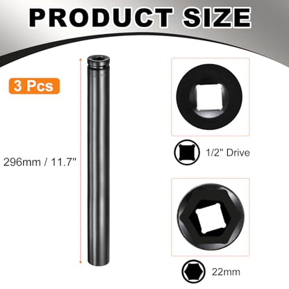 HARFINGTON 3pcs 6-Point Deep Impact Socket 1/2" Drive 22mm Metric Socket 11.7" (296mm) Extra Long Heat-Treated 45# Steel for Home Auto Spindle Axle Hex Nuts Bolts Repair, Black - size: 22mm + 11.7" Long