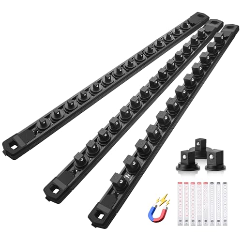 Reniteco Magnetic Socket Organizer Set, 3-Piece 1/2" 3/8" 1/4" Drive Aluminum Alloy Socket Holder with 40PC 360° Swivel Removable Clips, Magnetic Socket Rail for Tool Box Drawer, Black - color: Black, size: 3pc