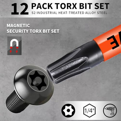 12-Pack Impact Security Torx Bit Set (T5-T40) 3-Inch Long, S2 Steel, Professional Tamper Proof Star Bits Set, with 1/4" Hex Shank, Magnetic & High Torque for Automotive/Electronics/DIY - size: 12-Pieces 3 inch Torx Security Bits