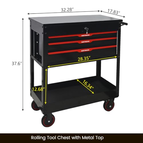 Rolling Tool Chest with Metal Top, 3-Drawer Tool Cart with Wheels, Black | Ball-Bearing Slides, Powder-Coated Finish, Side Tool Rack, Lockable, Locking Brakes, Ergonomic Push Handle - color: Black