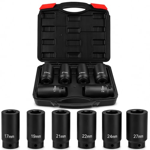 1/2" Drive Weighted Crank Bolt Socket Set, 17MM, 19MM, 21MM, 22MM, 24MM 27MM, Harmonic Balancer Socket Set, Weighted Deep Impact Socket Set, 3 Times Momentum Power of Standard Impact Socket
