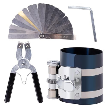 Piston Ring Compressor Tool Car Engine Piston Ring Installer Removal Kit Adjustable Sizes From 2-1/8 Inches To 7 Inches，with Piston Installer Plier and Stainless Steel Feeler Gauge