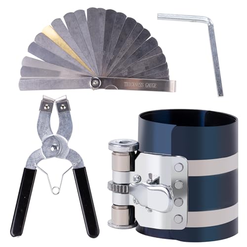 Piston Ring Compressor Tool Car Engine Piston Ring Installer Removal Kit Adjustable Sizes From 2-1/8 Inches To 7 Inches，with Piston Installer Plier and Stainless Steel Feeler Gauge