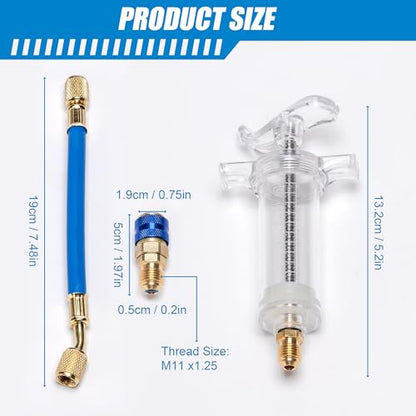 Oil and Dye Injectors Kit Hand Push 30ml/1 Oz AC Compressor Manual Oil Dye Injector with 1/4 SAE Quick Coupler Car AC Compressor Tool