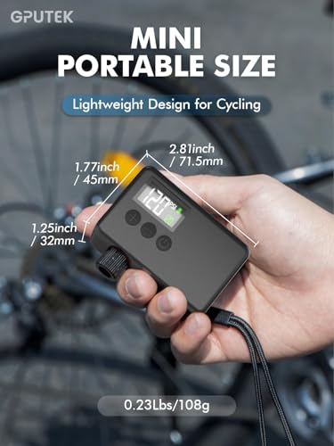 GPUTEK Mini Bike Pump Electric for Presta and Schrader Valves Bicycle Tire | Fast Inflate, Portable, 120 PSI Air Pressure, with Digital Gauge for Road Bike, Mountain Bike, E-Bike