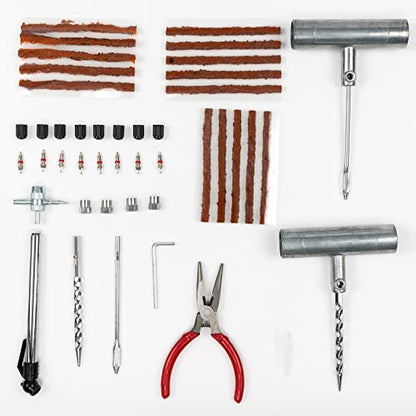 AUTOXBERT Universal Tire Repair Kit 45Pcs Heavy Duty Car Emergency Tool Plug Set | quick puncture fix;refined quality steel;airtight seal flex;fit tractors mowers;t-handle spiral tool;portable storage case; - size: 45pcs Compact kit