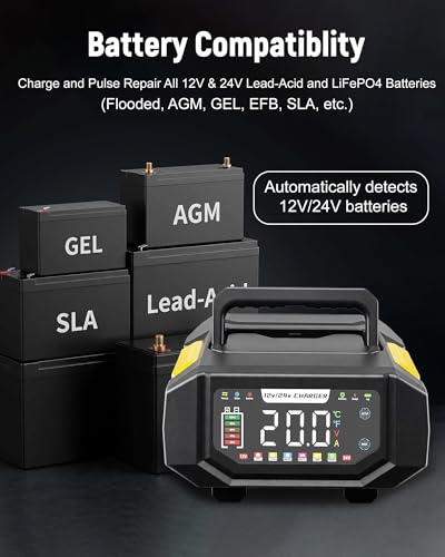 1-20A Smart Battery Charger, 12V/24V Automatic Automotive Battery Maintainer & Desulfator with Temperature Compensation, Adjustable Amp Trickle Charger for Lead-Acid, AGM, Gel, LiFePO4 - color: Yellow