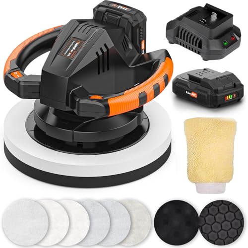 THINKWORK Buffer Polisher, 20V Cordless Buffer Polisher, 10 Inch Portable Polishing Machine Kit for Car, with 2Ah Rechargeable Battery, 6 Variable Speed 1500-3600RPM,Double handle,Ideal for Car Waxing - color: Black & Orange
