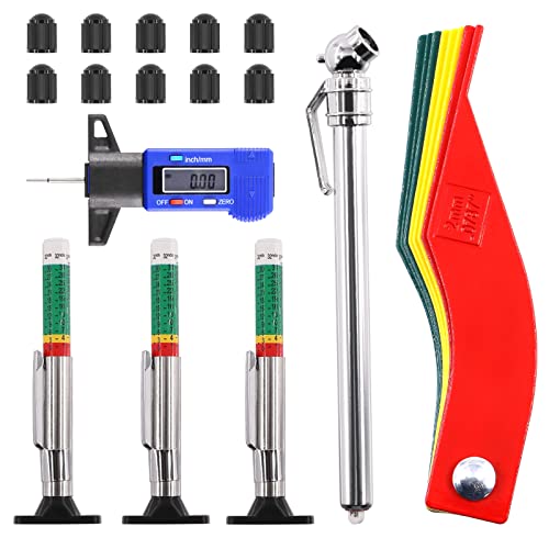 17Pcs Tire Tread Depth Gauge Measuring Tool Set with Digital Tire Thread Depth Gauge Pencil Tire Pressure Gauge Brake Lining Thickness Gauge Set Tire Valve Stem Caps for Motorcycle Truck Car