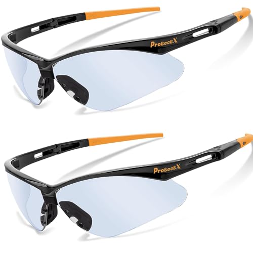 ProtectX Safety Glasses for Men & Women, Safety Sunglasses with Anti-Fog Scratch Resistant Lenses, Non-Slip Grips, ANSI Z87.1 - color: Evergreen Orange Tip Blue Light 2 Pk