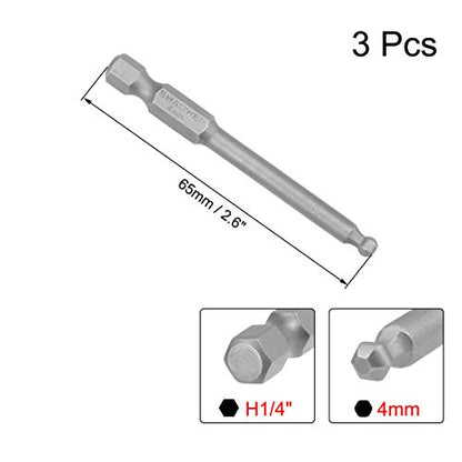uxcell 3 Pcs H4 (4mm) Ball End Screwdriver Bits, S2 Steel Magnetic 2.6 Inch Long Drill Bit with 1/4 Inch Hex Shank - style: H4