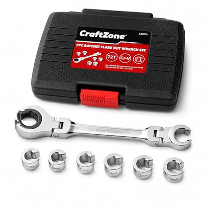 7-in-1 Ratcheting Open Flex-Head Wrench Set, Metric 8-14mm, 72-Tooth Gear, CR-V Steel, Durable Tool Box, Gift for Handyman