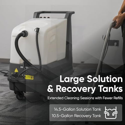 Dapper Commercial Box Carpet Extractor with 13" Motorized Brush Head, Hot Water Extraction, Strong Suction and 14.5/10.5 Gal Tanks — Ideal for Hotels, Offices, & Commercial Cleaning - size: 14.5 Gal - Hot Water Extraction