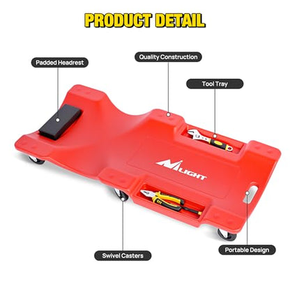 Nilight 40" Mechanic Plastic Creeper - 40 Inches Heavy Duty Shop Creeper with Padded Headrest and 6 Casters, 350 lbs Capacity, Red - color: Red