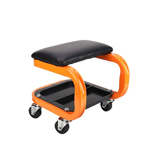Heavy Duty Rolling Shop Stool, Mechanics Chair with Wheels, 400 LBS | Rolling Stool for Garage with Casters, Mechanics Roller Seat with Segmented Tool Tray and Comfortable Leather Cushion