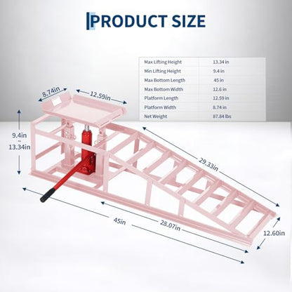 Heavy Duty Hydraulic Car Ramps 2 Pack, 5T/11000 Lbs Low Profile Adjustable Steel Lift Ramps for Trucks, SUVs & Low Cars, 9.4"–13.3" Height, Oil Changes, Garage Repairs & Maintenance – Pink - color: Pink