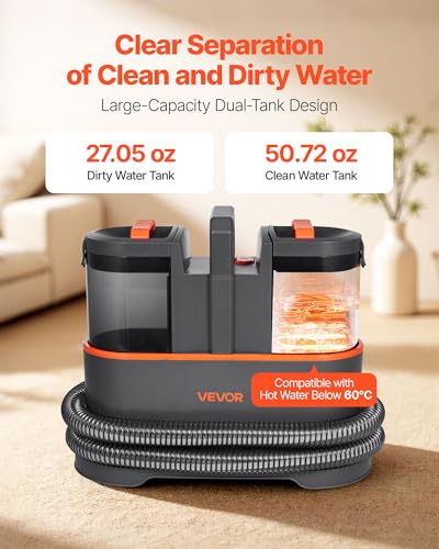 VEVOR Carpet Cleaner Machine, 50.72 oz Clean Water Tank & 27.05 oz Dirty Water Tank, Portable Upholstery Shampooer, 11.5Kpa Handheld Furniture Extractor, Spot and Stain Deep Cleaner for Rug Couch Car