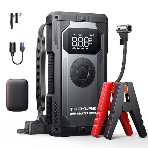 TREKURE 8-in-1 Jump Starter with Air Compressor 6000A 150PSI Portable Car Battery Jump Starter (All Gas/10L Diesel), 12V Jump Box Car Battery Jumper Starter Portable with Jumper Cables, Lights