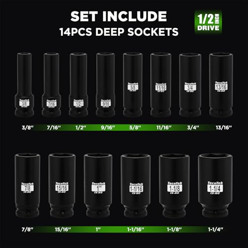 TecoTek 14PCS 1/2" Deep Drive Impact Socket Set, 6-Point, SAE (3/8" to 1-1/4"), CR-MO Steel, With a Storage Case - size: 0.375-1.250 inches (14 Pieces)