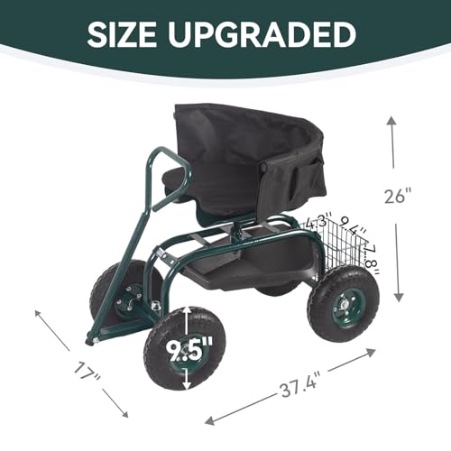 Kinfant Garden Seat with Ergonomic Backrest – Rolling Garden Stool with Height Adjustable & 360° Swivel Seat with Wheels, Gardening Cart Bench, Tool Storage, for Yard, Patio Green - color: With Backrest-green