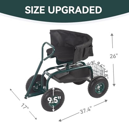 Kinfant Garden Seat with Ergonomic Backrest – Rolling Garden Stool with Height Adjustable & 360° Swivel Seat with Wheels, Gardening Cart Bench, Tool Storage, for Yard, Patio Green - color: With Backrest-green