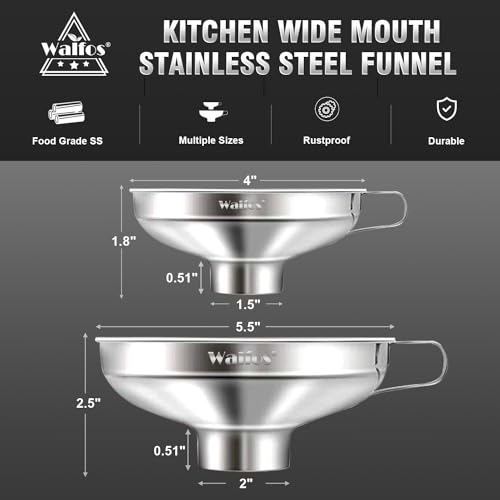Walfos 2 Pack (4in & 5.5in) Stainless Steel Wide-Mouth Funnel with Handle for Wide and Regular Mason Jars Canning Jars, Wide-Mouth Funnels for Kitchen Use,Transferring Liquid and Dry Ingredients - color: 2pc funnel 5.5+4 inch