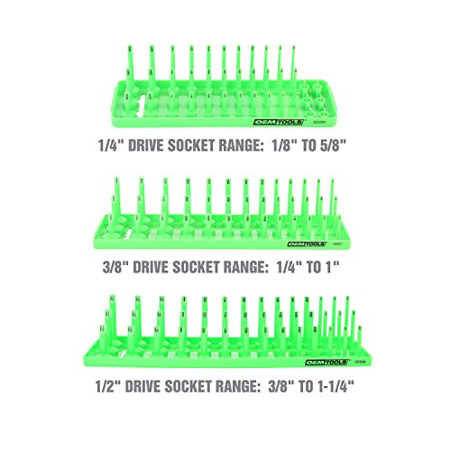 OEMTOOLS 22339 3-Post SAE Socket Tray Set, 3 Piece, Deep, Shallow, and Impact 3 Row Socket Organizer for Tool Box Drawer, Holds 120 Tools, 1/4, 3/8 and 1/2 Inch Drive, SAE, Green - size: 3 Piece SAE